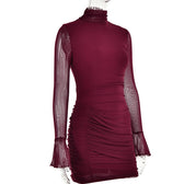 Mesh solid long sleeve turtle neck ruched zip-up mini dress 5