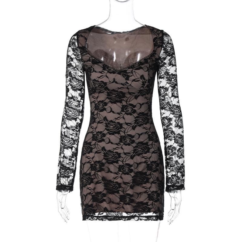 Long sleeve v neck lace contrast patchwork mini dress 8