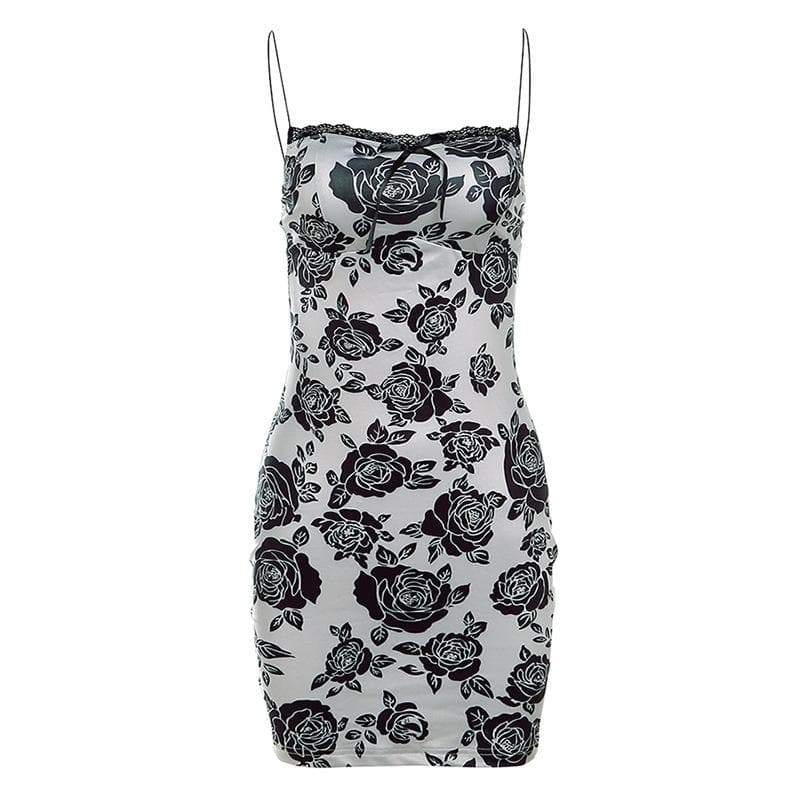 Rose print lace hem contrast spaghetti strap mini dress 2