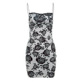 Rose print lace hem contrast spaghetti strap mini dress 2