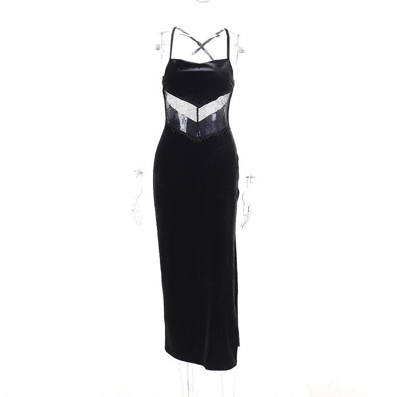 Velvet Lace Insert Waist Spaghetti Strap High Split Midi Dress 3