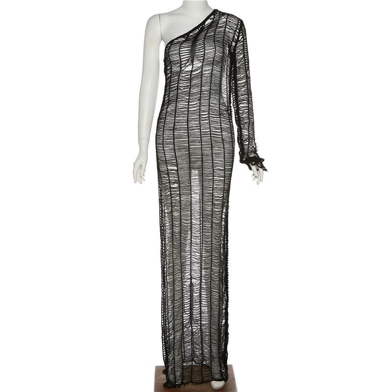 Distressed Open Knit One Shoulder Long Sleeve Sheer Maxi Dress 2