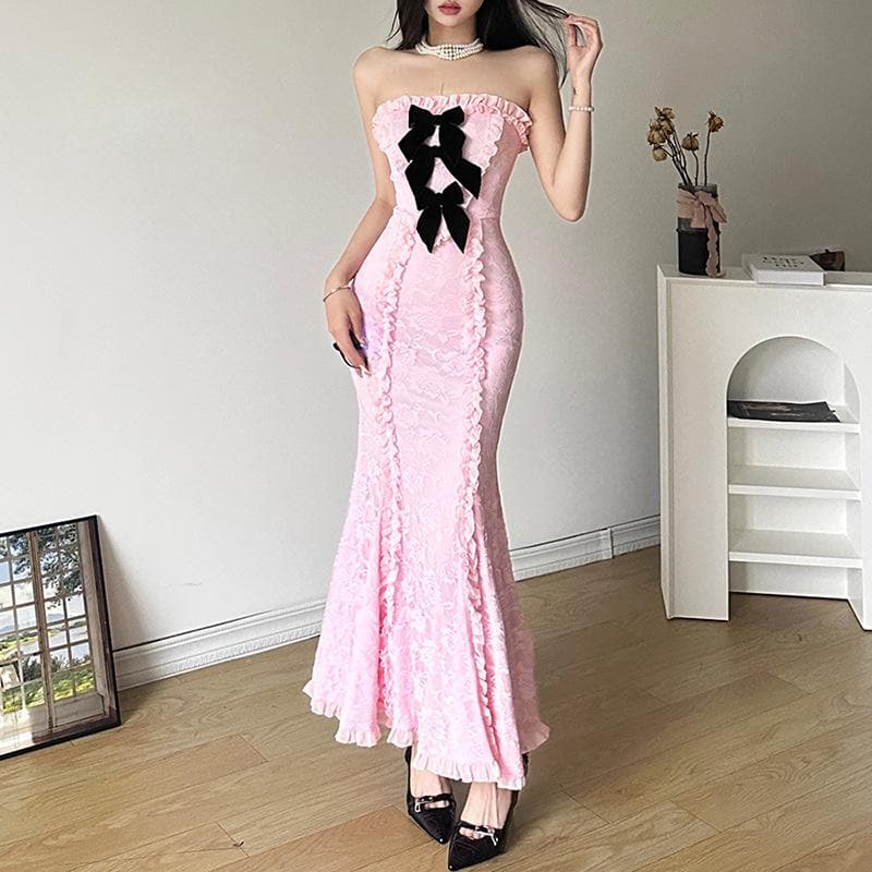 Lace contrast bowknot zip-up ruffle backless tube maxi dress 2