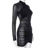 Ruched long sleeve cross front sheer mesh see through mini dress 3