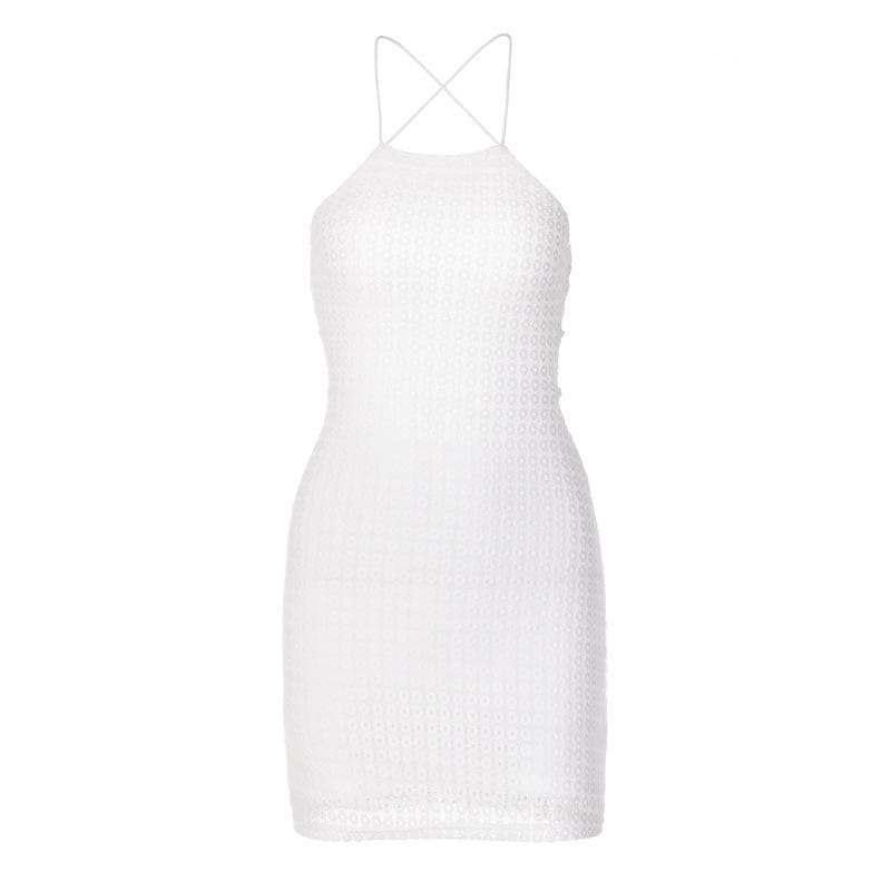 Textured cross back lace up solid backless mini dress 2