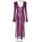 Slit flared sleeve sheer mesh see through u neck low cut maxi dress 5