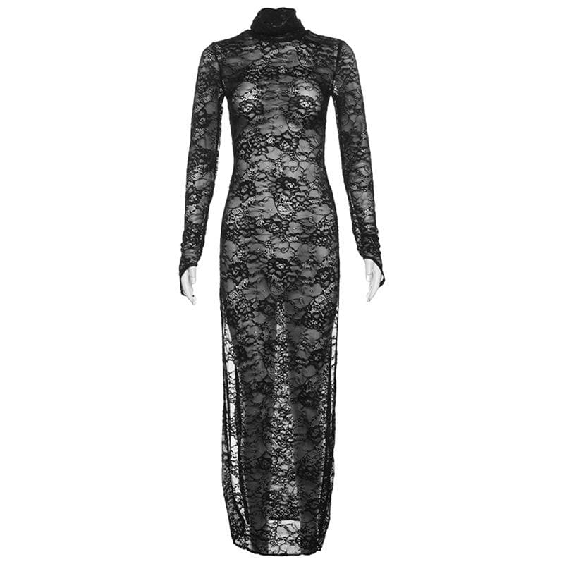 Lace long sleeve turtle neck see through slit gloves maxi dress 2