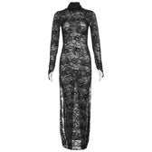 Lace long sleeve turtle neck see through slit gloves maxi dress 2