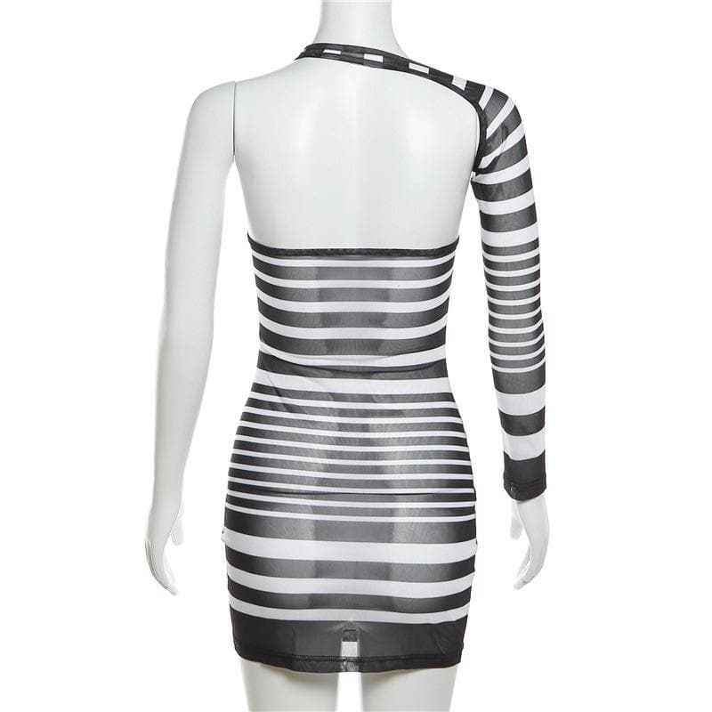 Irregular sheer mesh see through one shoulder striped mini dress 4