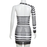 Irregular sheer mesh see through one shoulder striped mini dress 4