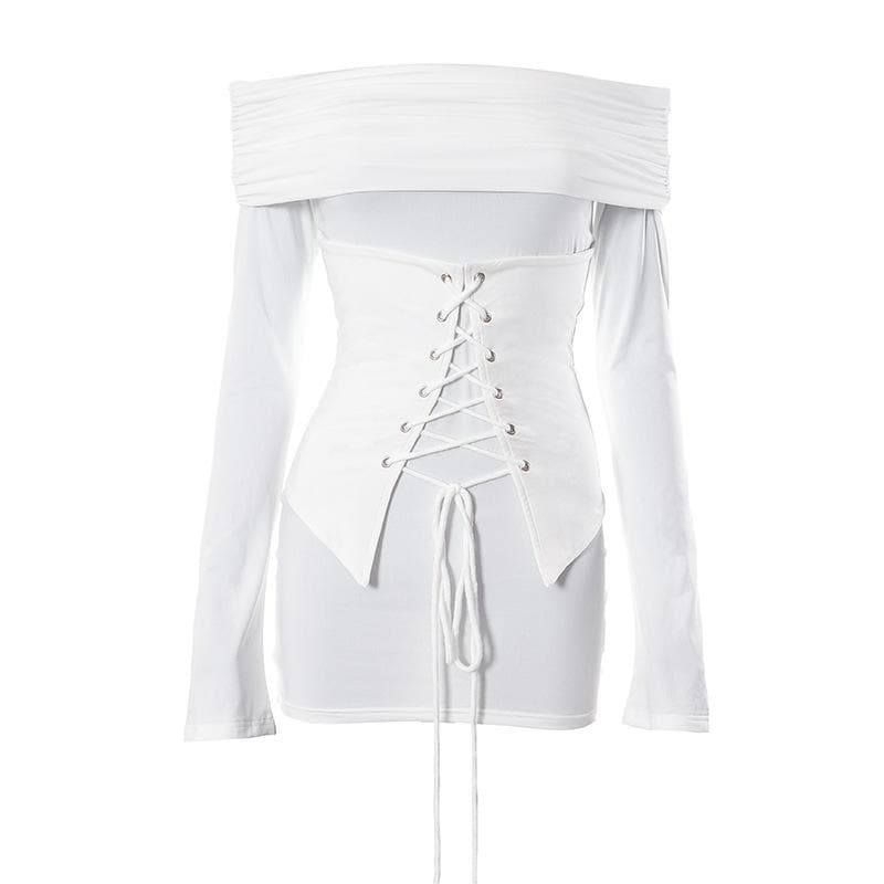 Lace up long sleeve off shoulder ruched solid mini dress 2