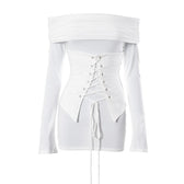 Lace up long sleeve off shoulder ruched solid mini dress 2