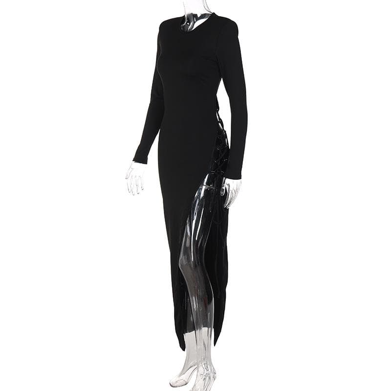 Lace up irregular long sleeve hollow out backless maxi dress 7