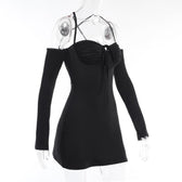 Lace up solid cross back off shoulder long sleeve mini dress 4