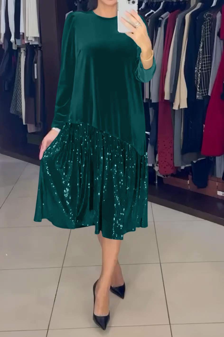 Round Neck Long Sleeve Velvet Sequin Ruffle Midi Dress 6