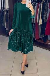 Round Neck Long Sleeve Velvet Sequin Ruffle Midi Dress 6