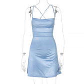 Cross back solid satin cowl neck lace up self tie backless mini dress 2