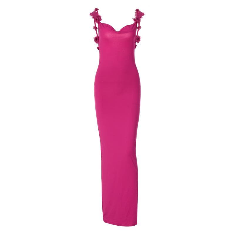 Flower applique cowl neck backless solid maxi dress 9