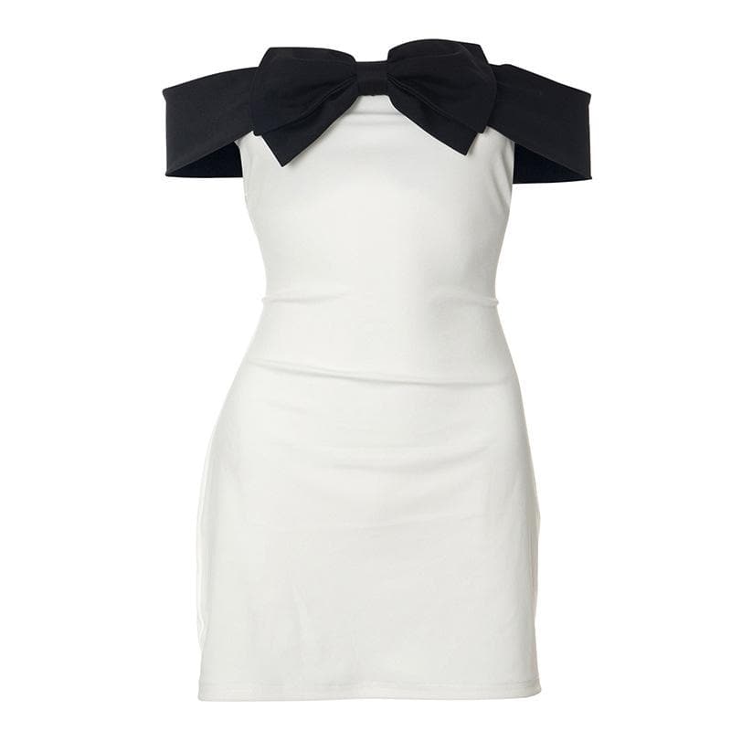 Bowknot applique contrast off shoulder backless mini dress 2