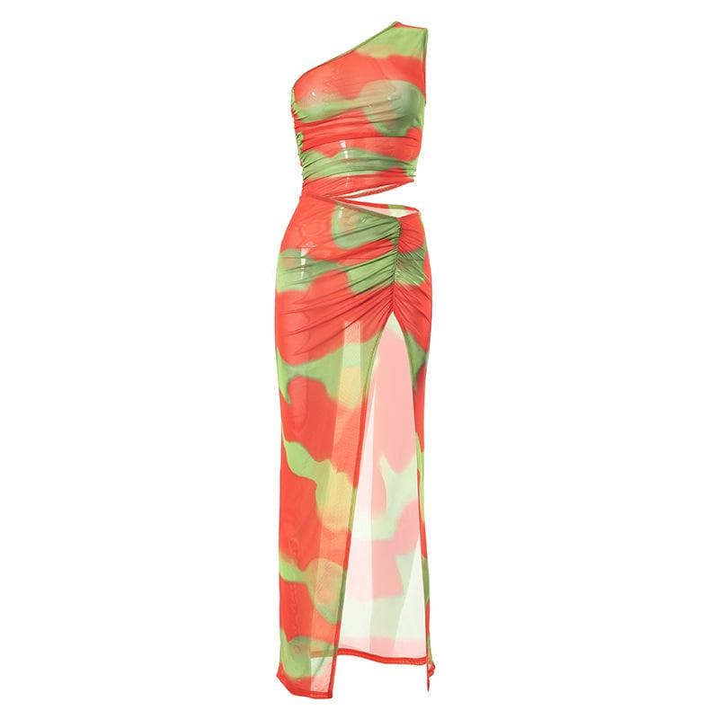 Irregular ruched slit sheer mesh see through tie dye one shoulder maxi dress 2