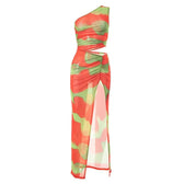 Irregular ruched slit sheer mesh see through tie dye one shoulder maxi dress 2