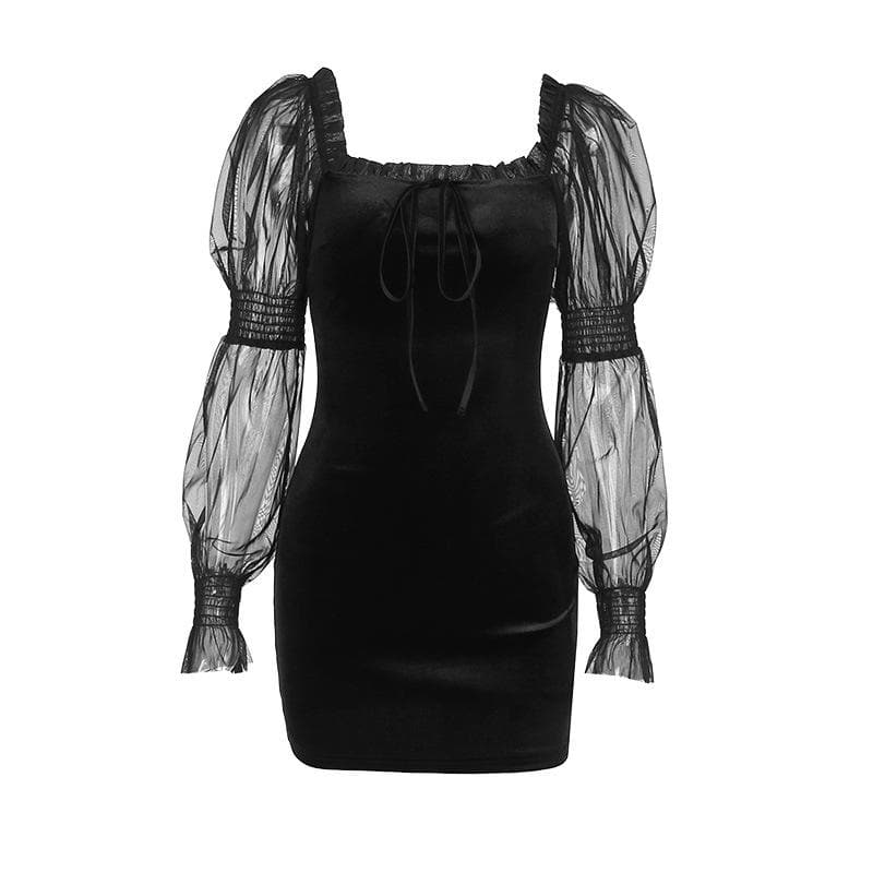 Velvet long puff sleeve ruffle mesh ruched square neck mini dress 2