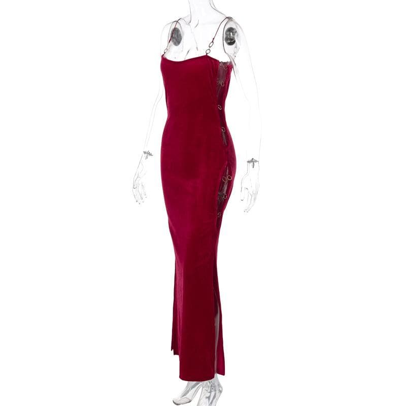 Velvet solid o ring hollow out slit backless maxi dress 3