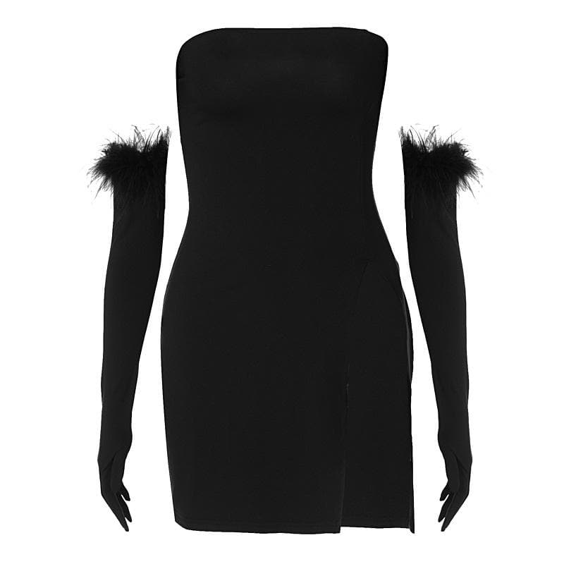 Strapless High Split Tube Mini Dress with Feather Trim Gloves 9