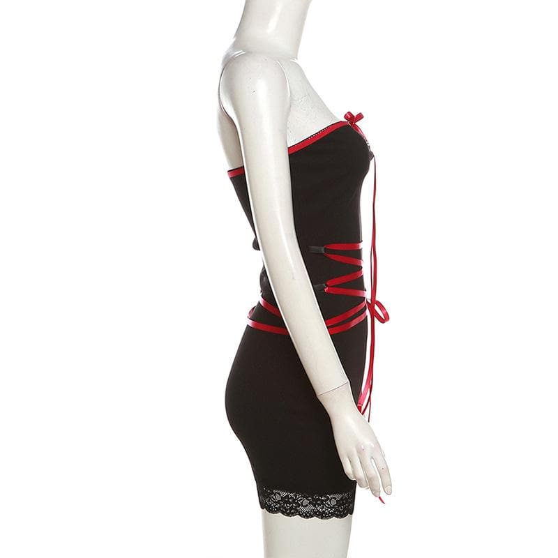 Lace up contrast lace hem bowknot backless tube mini dress 8