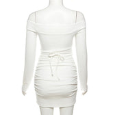Lace up solid hollow out off shoulder long sleeve mini dress 5
