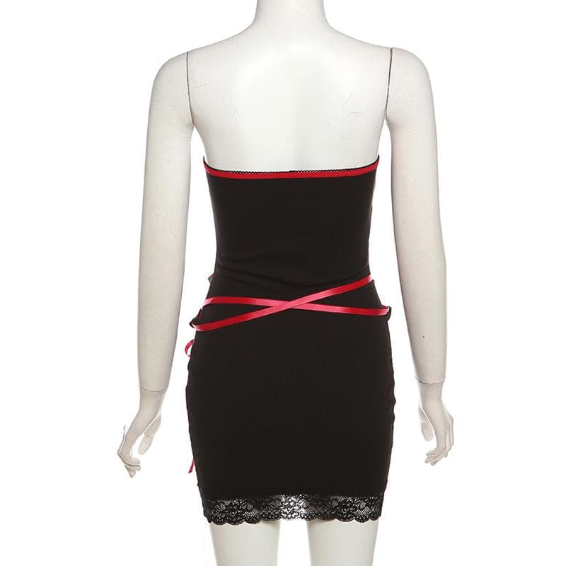 Lace up contrast lace hem bowknot backless tube mini dress 3