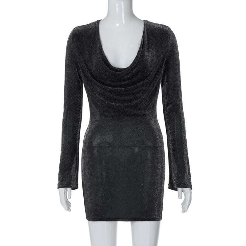 Glitter Cowl Neck Flare Long Sleeve Bodycon Mini Party Dress 8