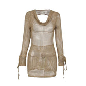Crochet see through cowl neck long sleeve hollow out mini dress