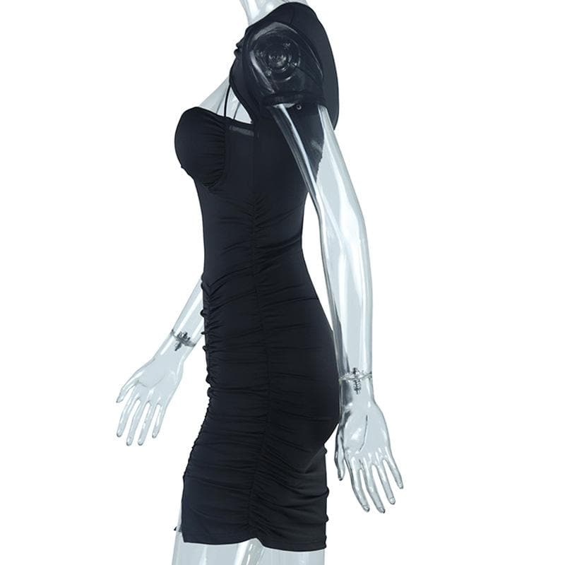 Ruched mesh solid hollow out short sleeve mini dress 3