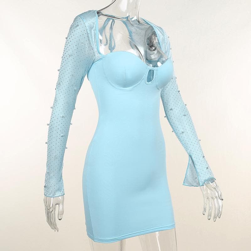 Long sleeve solid hollow out slit ruched beaded self tie backless mini dress 5