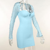 Long sleeve solid hollow out slit ruched beaded self tie backless mini dress 5