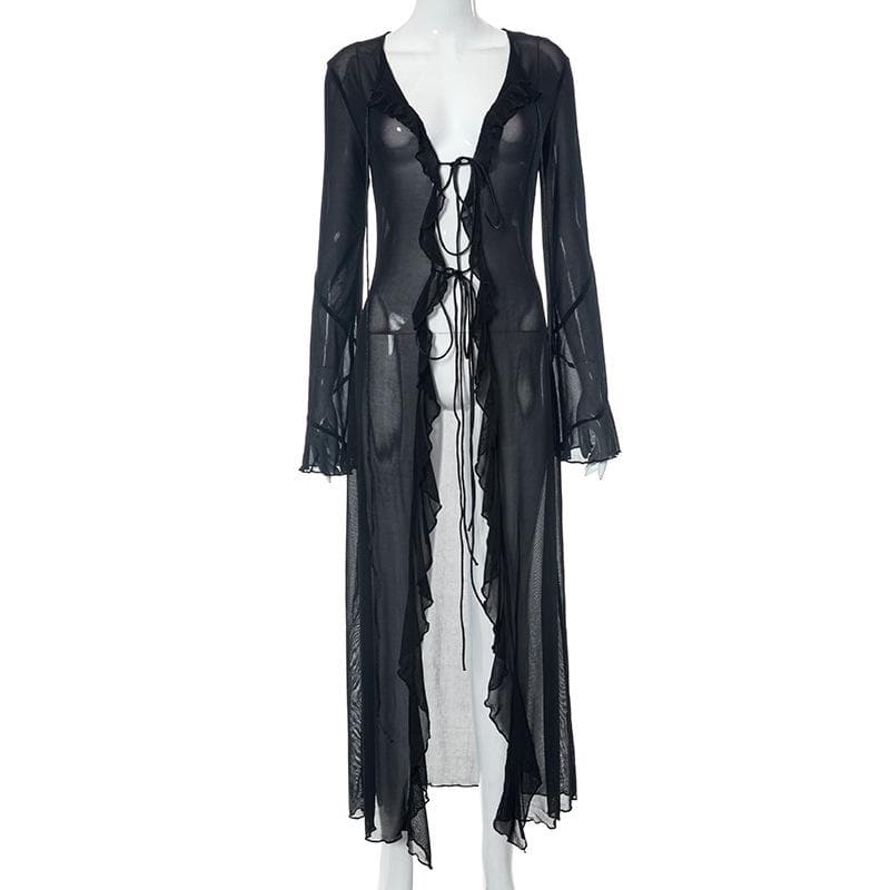 Flared sleeve ruffle sheer mesh see through self tie maxi dress 6