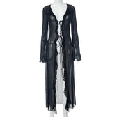 Flared sleeve ruffle sheer mesh see through self tie maxi dress 6