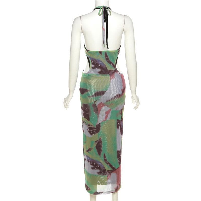 Halter self tie contrast print sheer mesh backless hollow out maxi dress 4