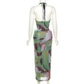 Halter self tie contrast print sheer mesh backless hollow out maxi dress 4