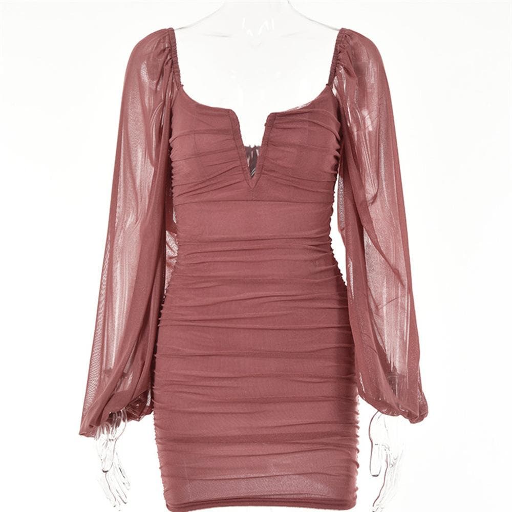 Mesh solid long sleeve ruched notch neck zip-up mini dress 16