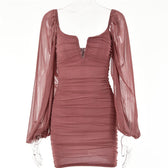 Mesh solid long sleeve ruched notch neck zip-up mini dress 16
