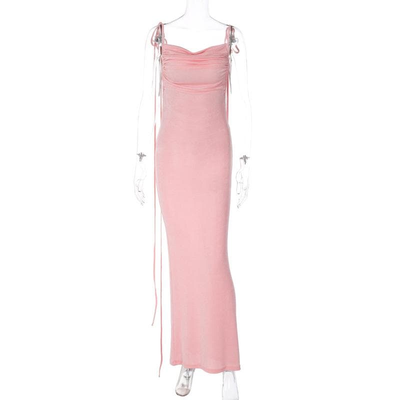 Ruched solid lace up backless cowl neck maxi dress 4