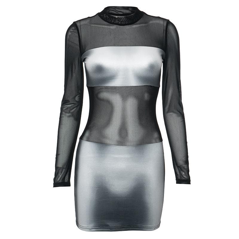 Body print mesh patchwork long sleeve contrast mini dress 2