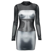 Body print mesh patchwork long sleeve contrast mini dress 2