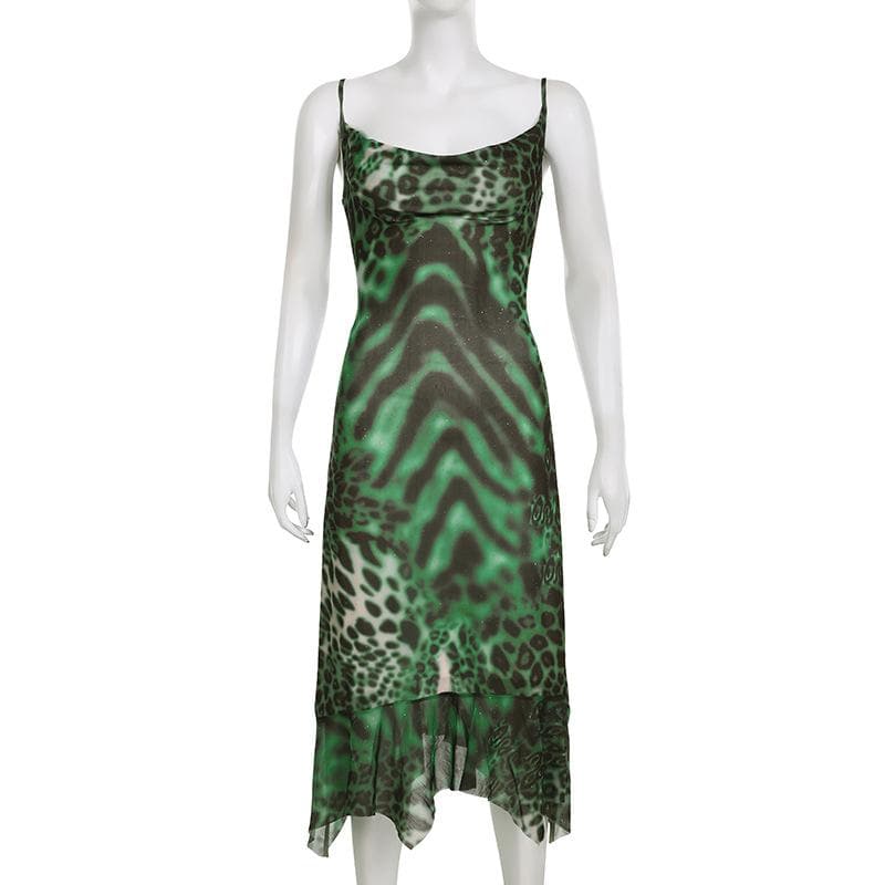 Leopard Print Cowl Neck Spaghetti Strap Mesh Ruffle Hem Maxi Dress 9