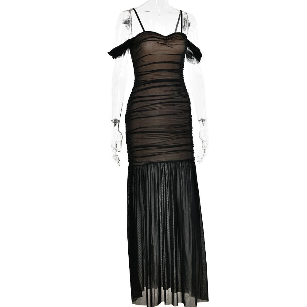 Mesh off shoulder ruched patchwork backless maxi dress 4