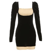 Smocked patchwork ruched contrast long sleeve velvet mini dress