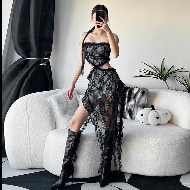Lace ruffle solid slit hollow out backless tube midi dress 3