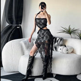 Lace ruffle solid slit hollow out backless tube midi dress 3